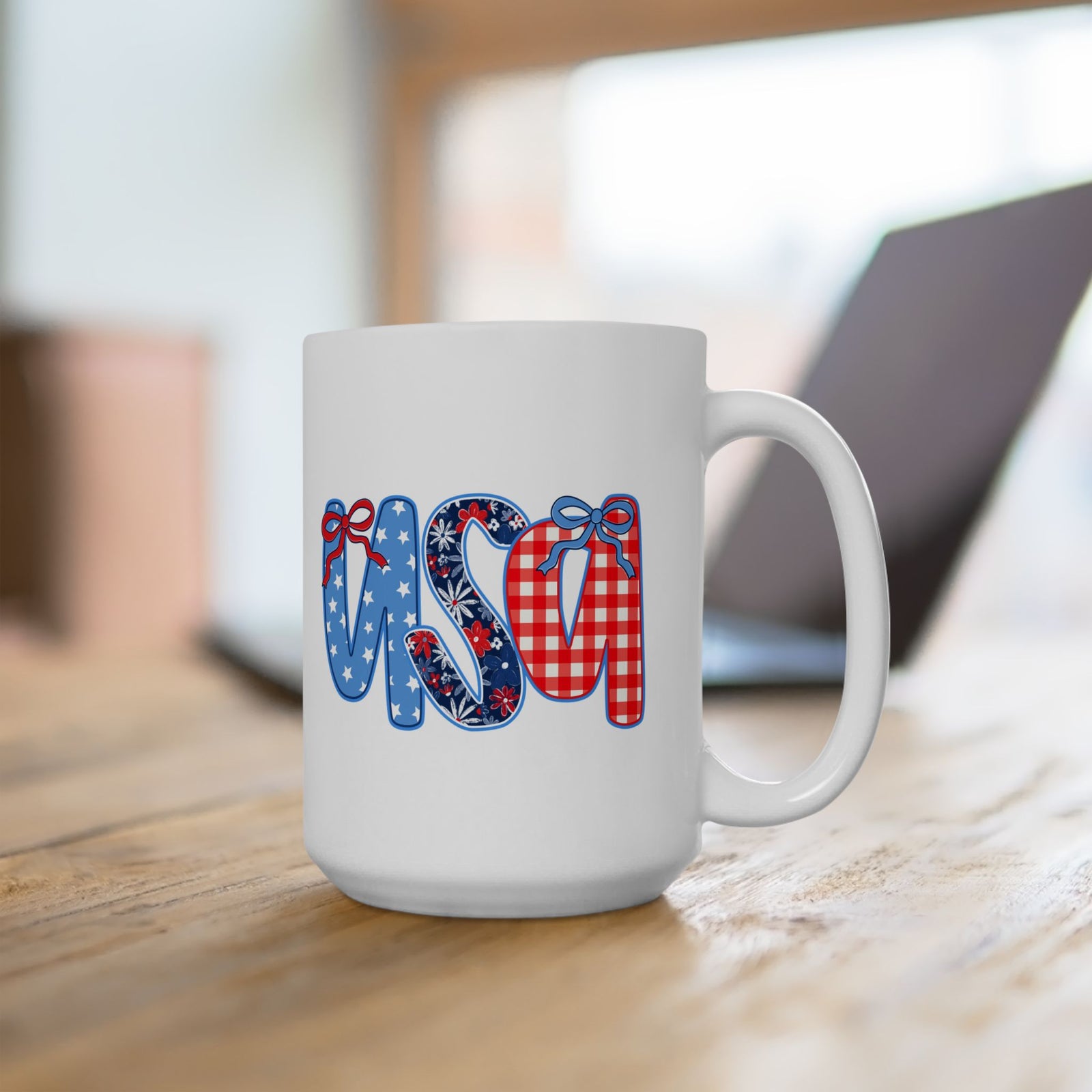 USA Coquette Bow Patriotic Cute Ceramic Mug Coffee Cup (11oz & 15oz)