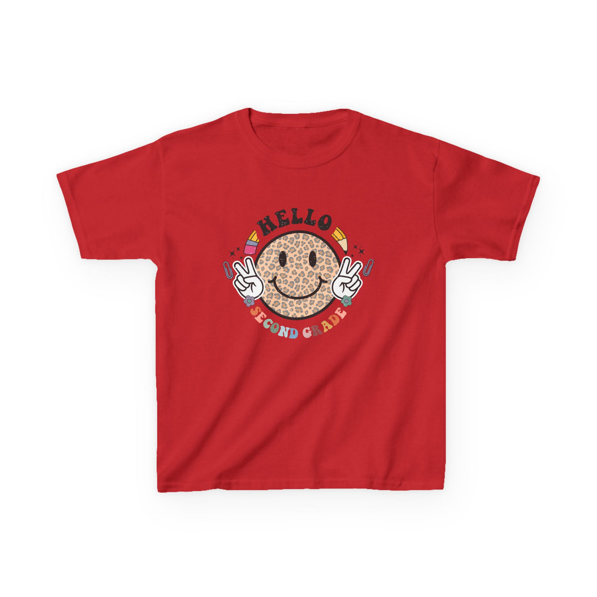 Second Grade Cheetah Smiley Face Graphic Tee Back-to-School 2nd Grade Kids T-Shirt