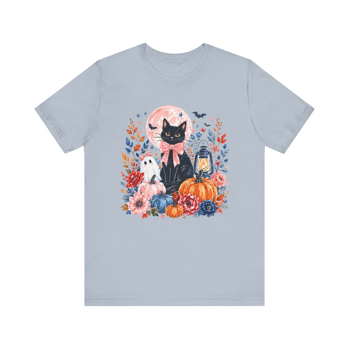 Girly Black Cat Halloween T-Shirt Cute Pumpkin & Lantern Fall Graphic Tee