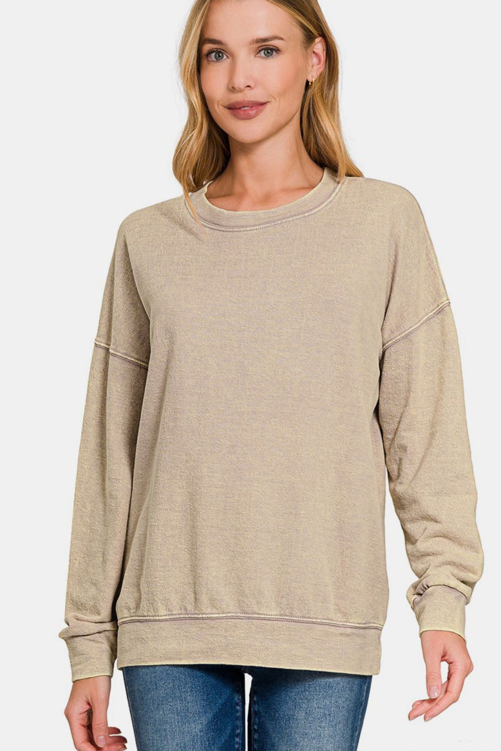 Zenana Washed Round Neck Dropped Shoulder Sweatshirt - Sydney So Sweet