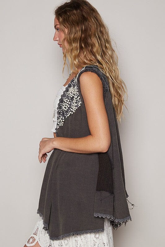 POL Embroidered Pearls Open Front Sleeveless Cardigan - Sydney So Sweet