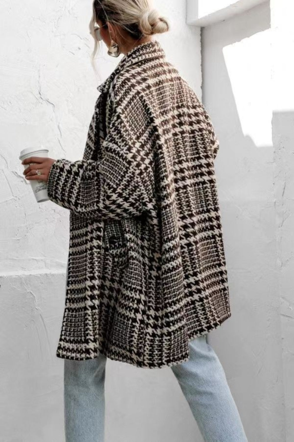 Houndstooth Collared Neck Long Sleeve Coat with Pockets - Sydney So Sweet