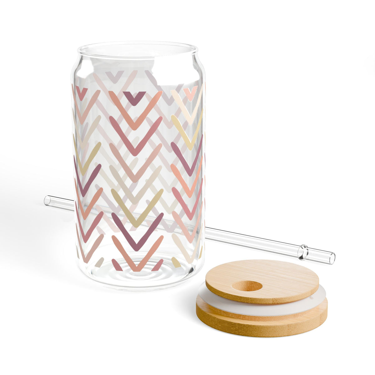 Boho Chevron Sipper Glass 16oz — Reusable Drink Jar with Lid & Straw