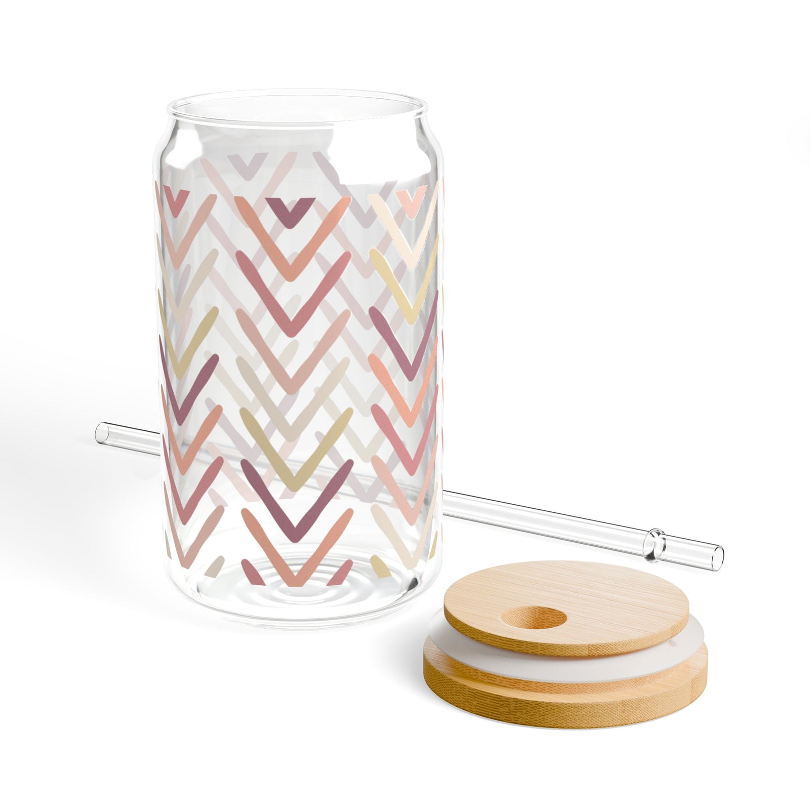 Boho Chevron Sipper Glass 16oz — Reusable Drink Jar with Lid & Straw