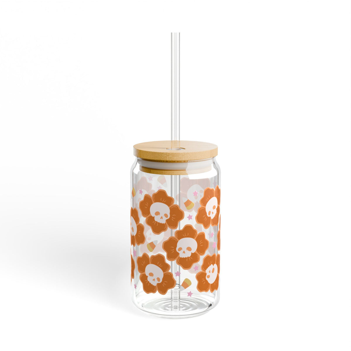 Spooky Skull Floral Halloween Sipper Glass 16oz Reusable Drink Jar with Lid & Straw