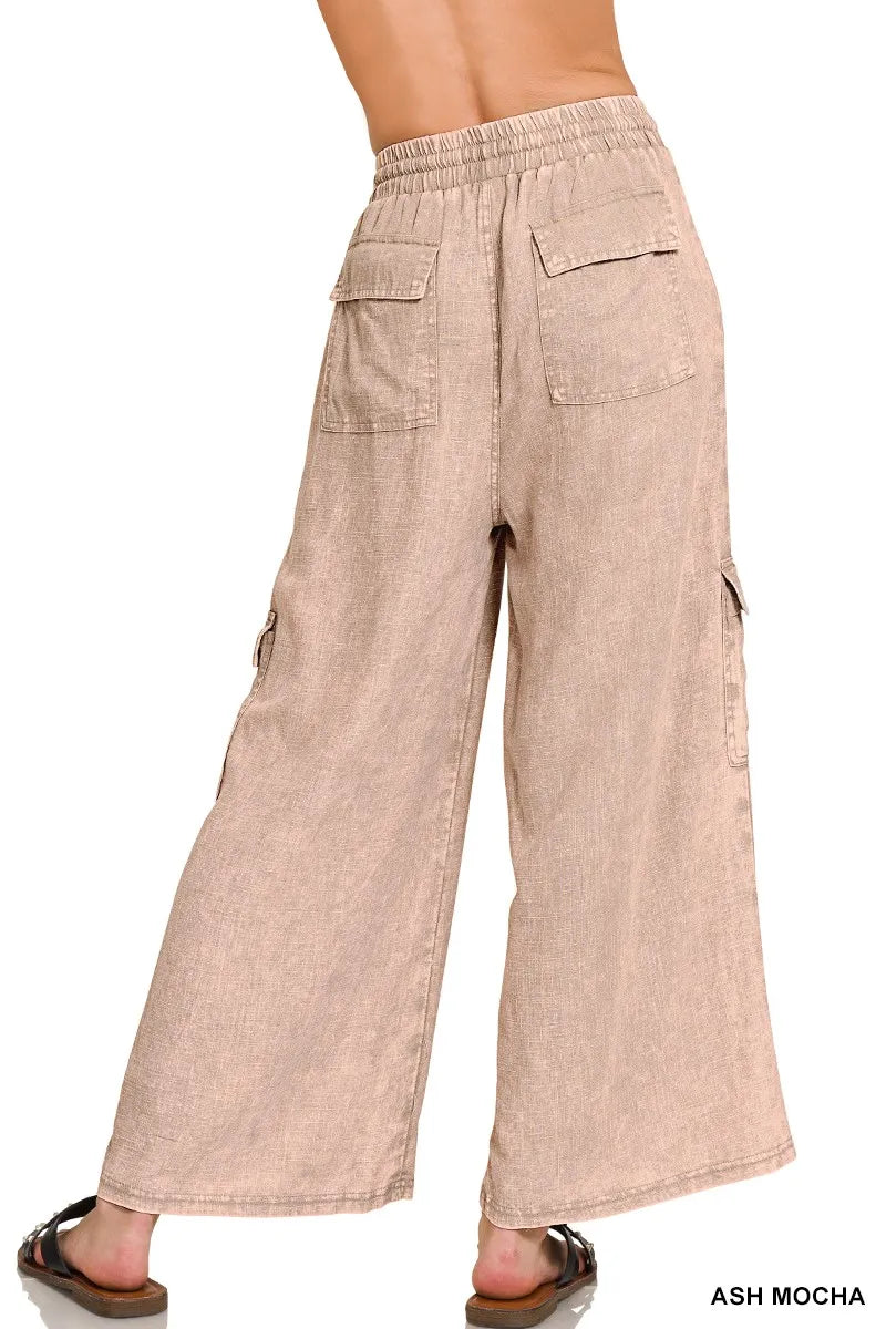 Zenana Washed Linen Elastic Band Waist Cargo Pants - Sydney So Sweet