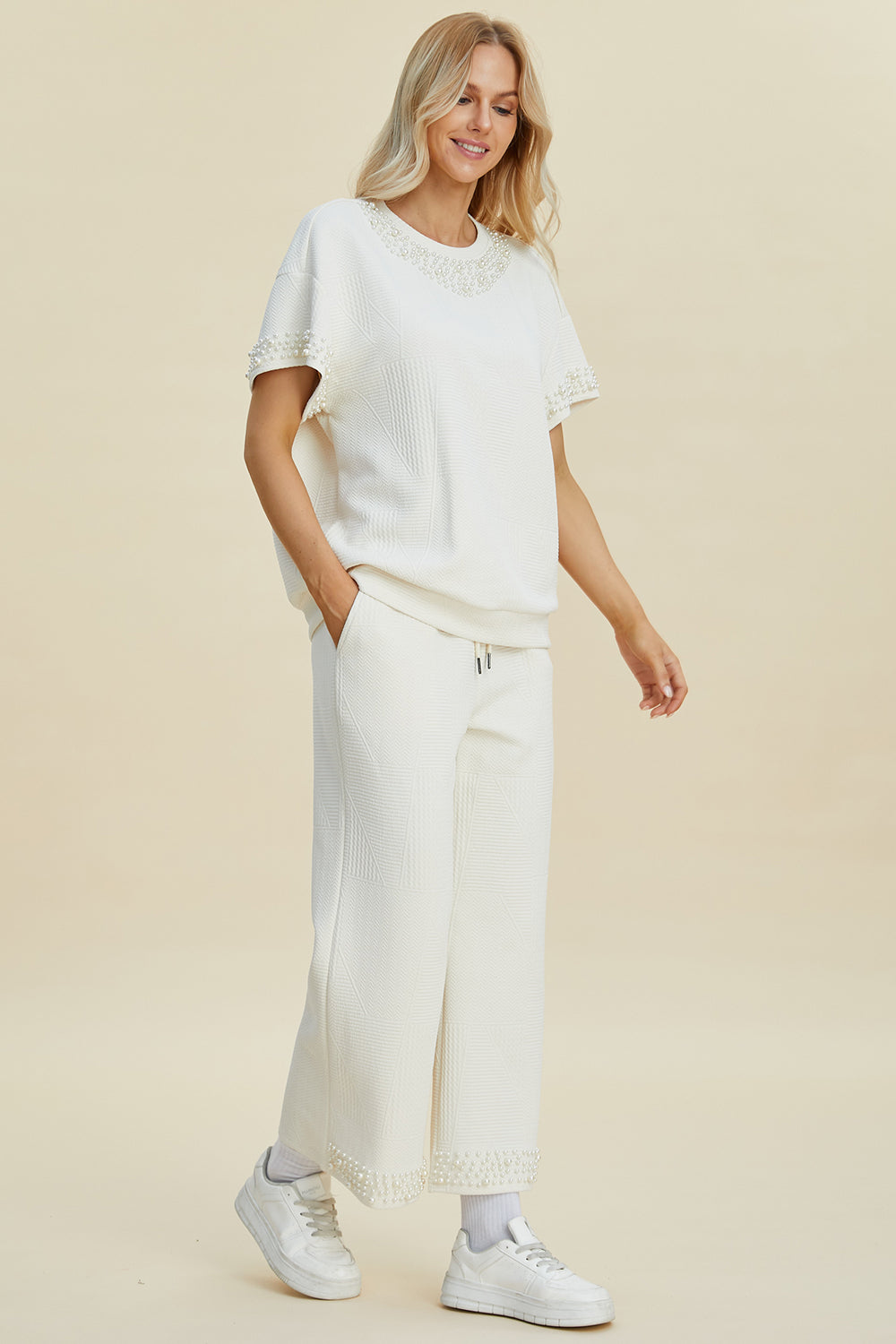 Double Take Full Size Pearl Detail Round Neck Top and Pants Set - Sydney So Sweet