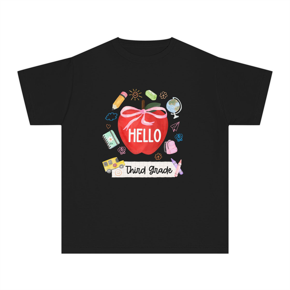 Hello Third Grade Preppy Coquette Apple Graphic Tee Back to School 3rd Grade T-Shirt