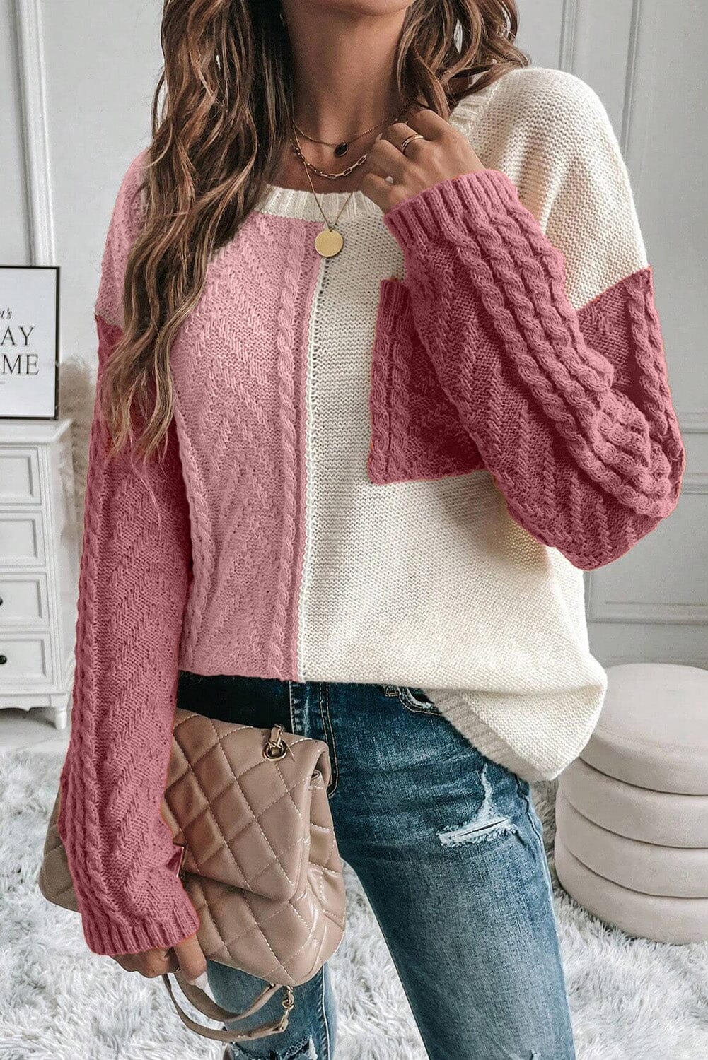 Color Block Round Neck Long Sleeve Sweater - Sydney So Sweet