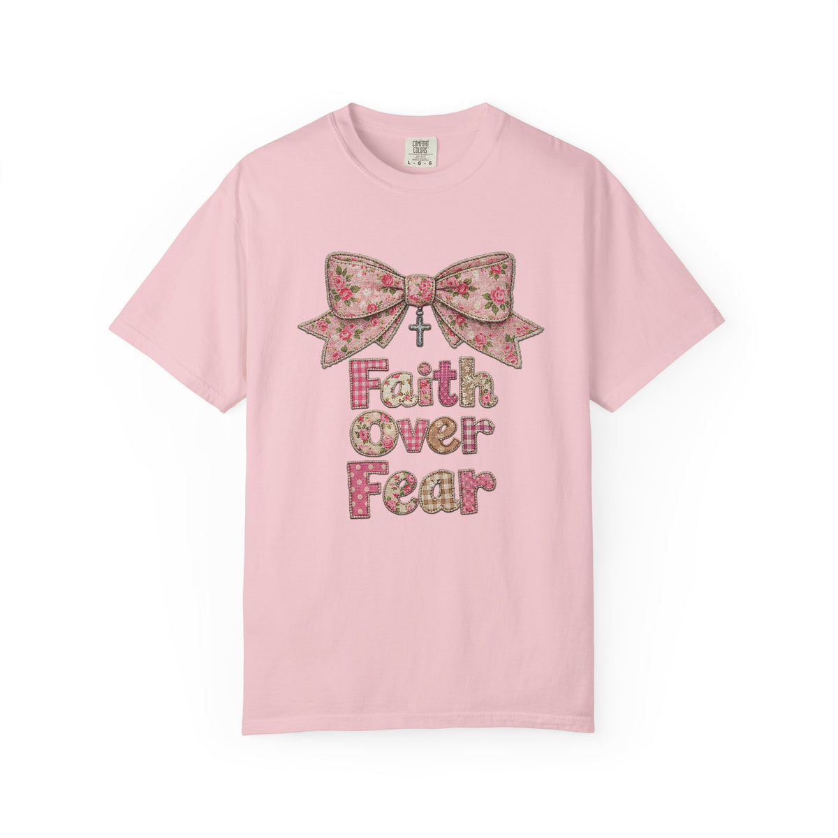 Faith Over Fear T‑Shirt Floral Faux Fabric Patch Bow Christian Tee