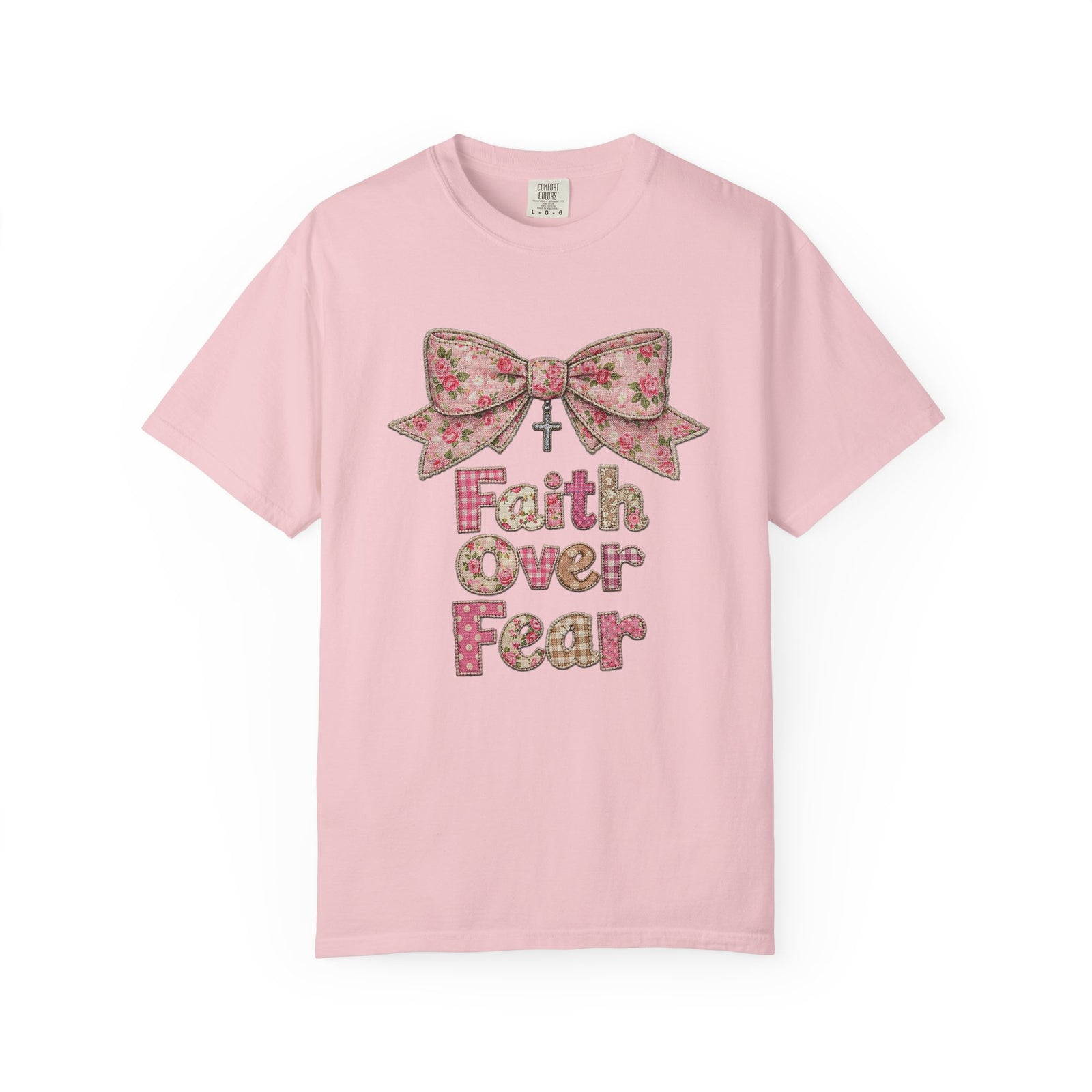 Faith Over Fear T‑Shirt Floral Faux Fabric Patch Bow Christian Tee