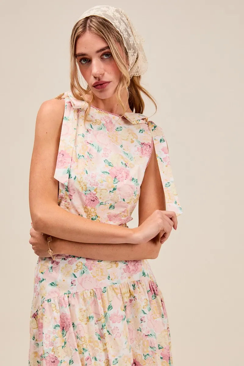 SO ME Floral Printed Woven Shoulder Bow Tie Top and Skirt Set - Sydney So Sweet