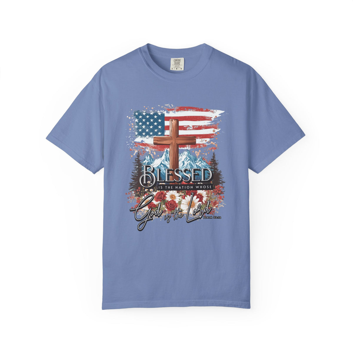 Blessed is the Nation Cross American Flag T-Shirt Christian Patriotic Graphic Tee