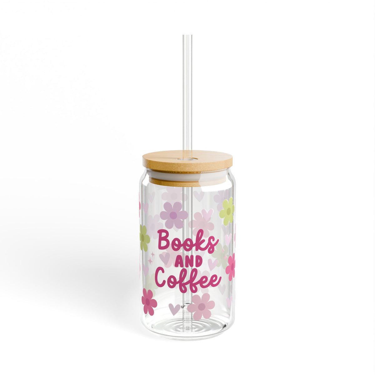 Books and Coffee Tumbler Sipper Glass 16oz — Reusable Drink Jar with Lid & Straw - Sydney So Sweet