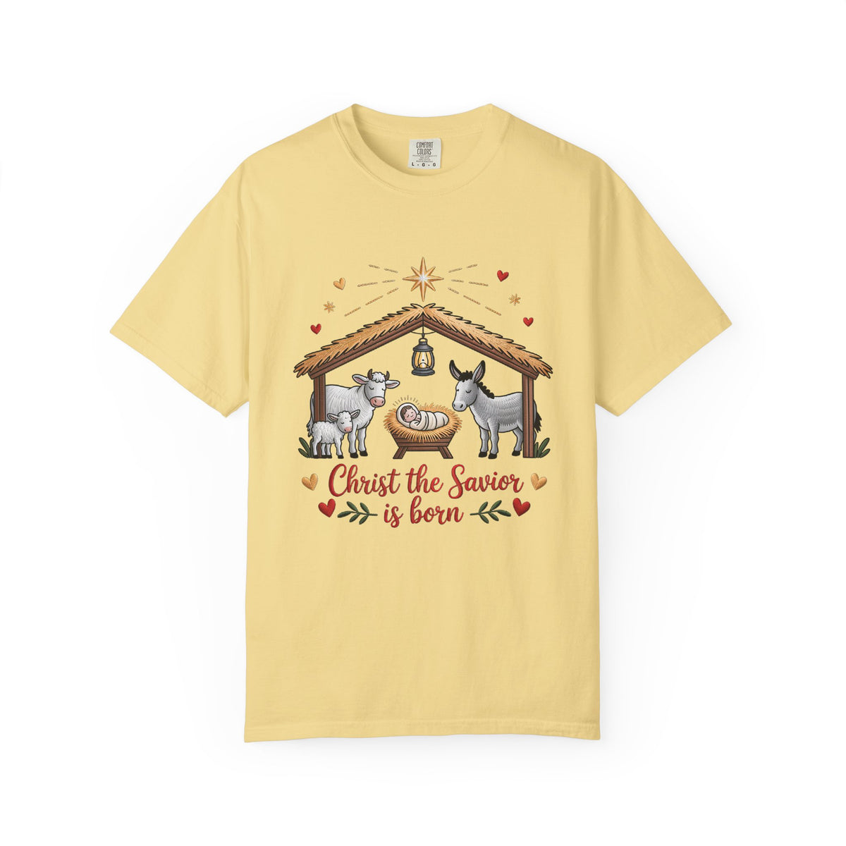 Christ the Savior is Born Faux Embroidery T-Shirt Nativity Scene Graphic Tee