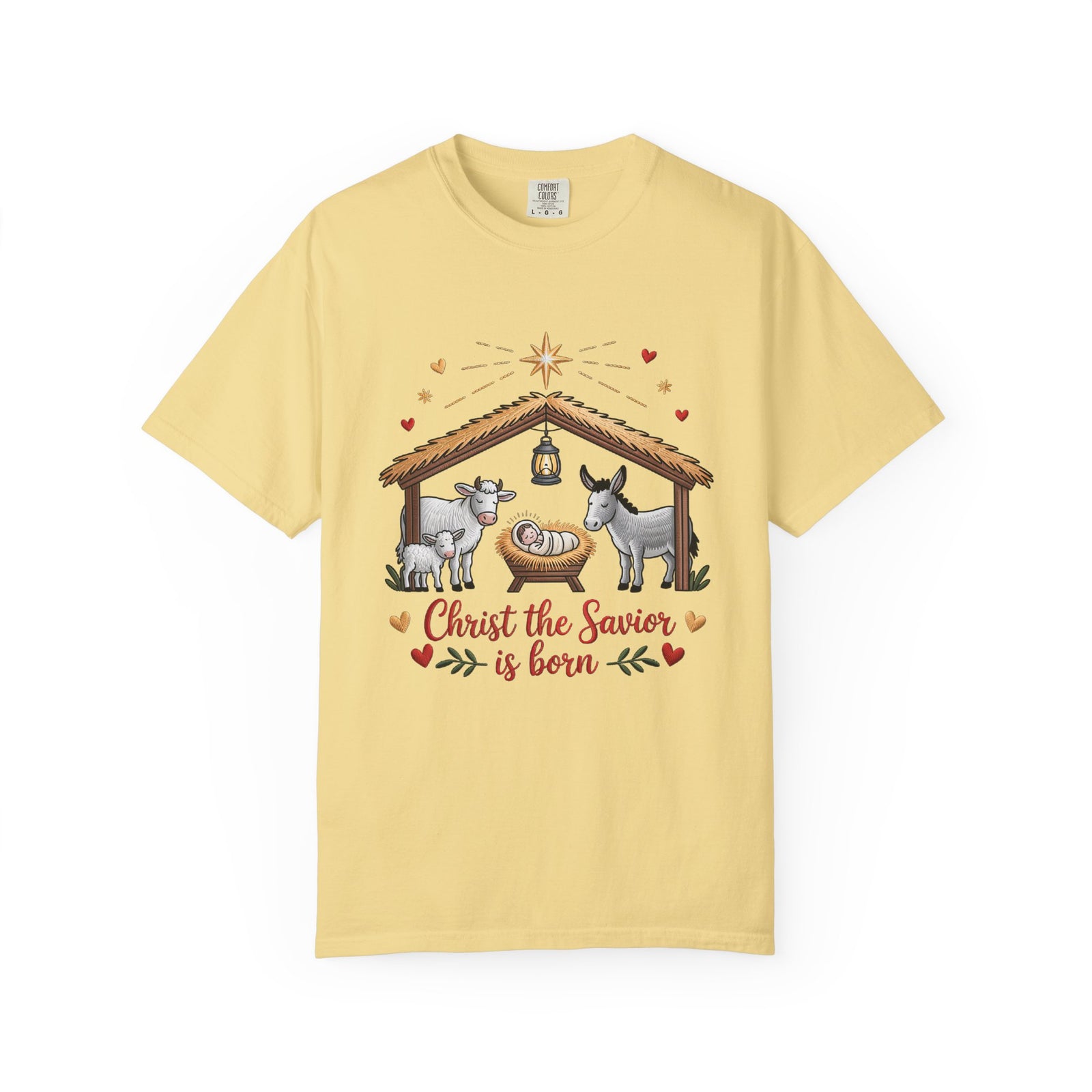 Christ the Savior is Born Faux Embroidery T-Shirt Nativity Scene Graphic Tee