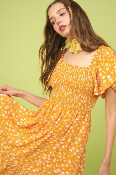 Mittoshop Flower Print Flutter Sleeve Smocked Midi Dress - Sydney So Sweet