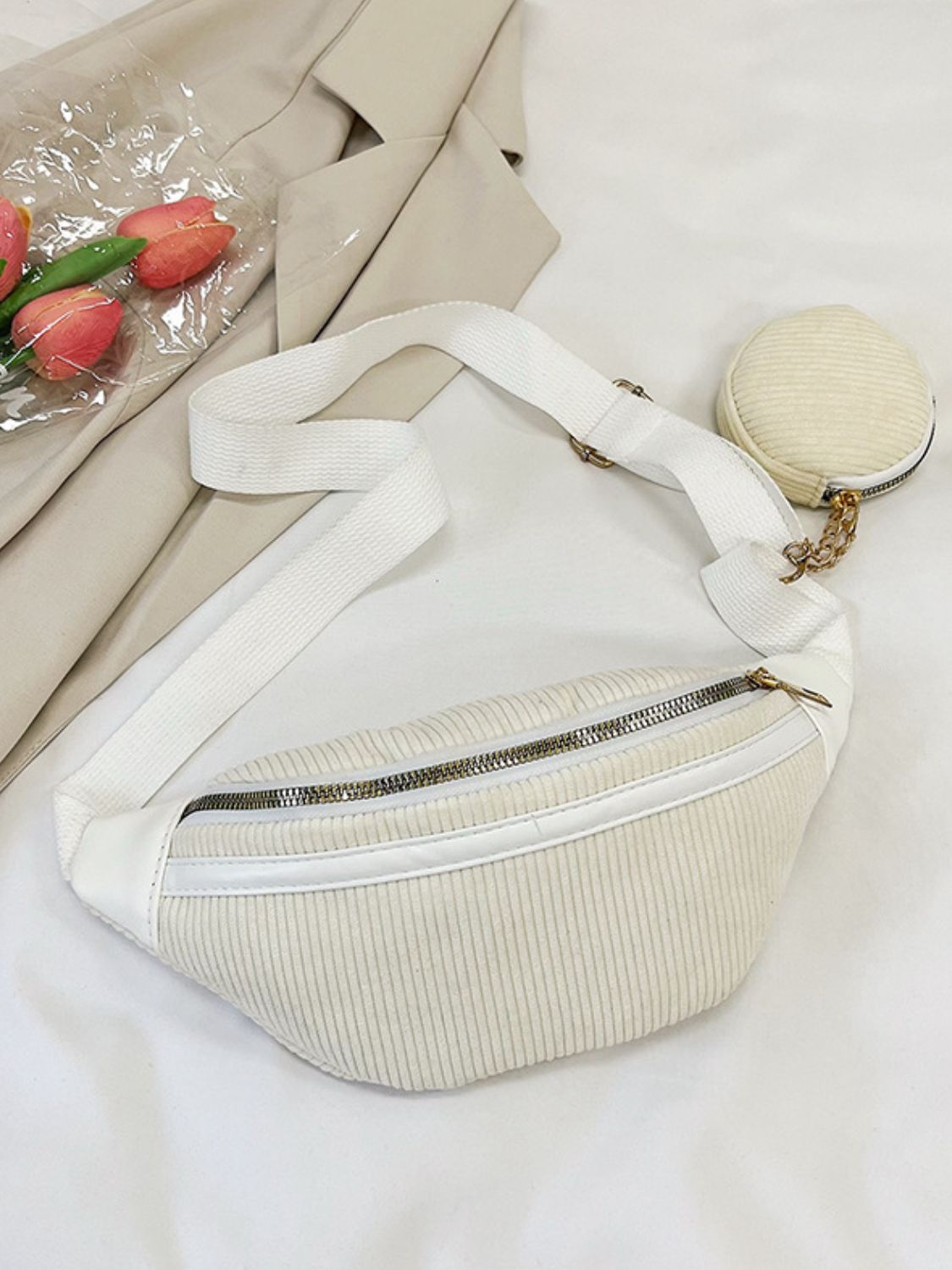 Corduroy Adjustable Strap Crossbody Bag with Pouch - Sydney So Sweet