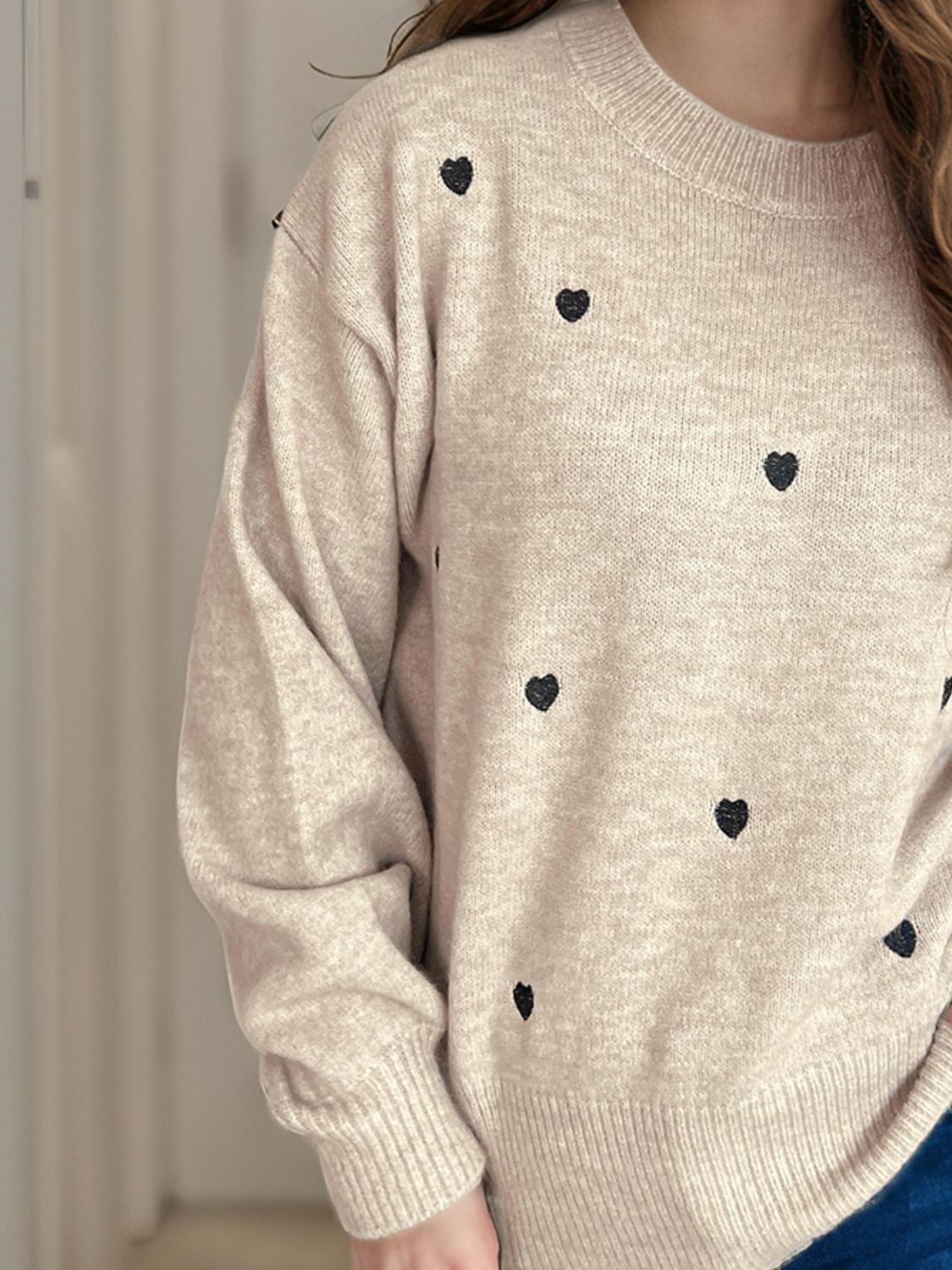 Heart Round Neck Long Sleeve Sweater - Sydney So Sweet