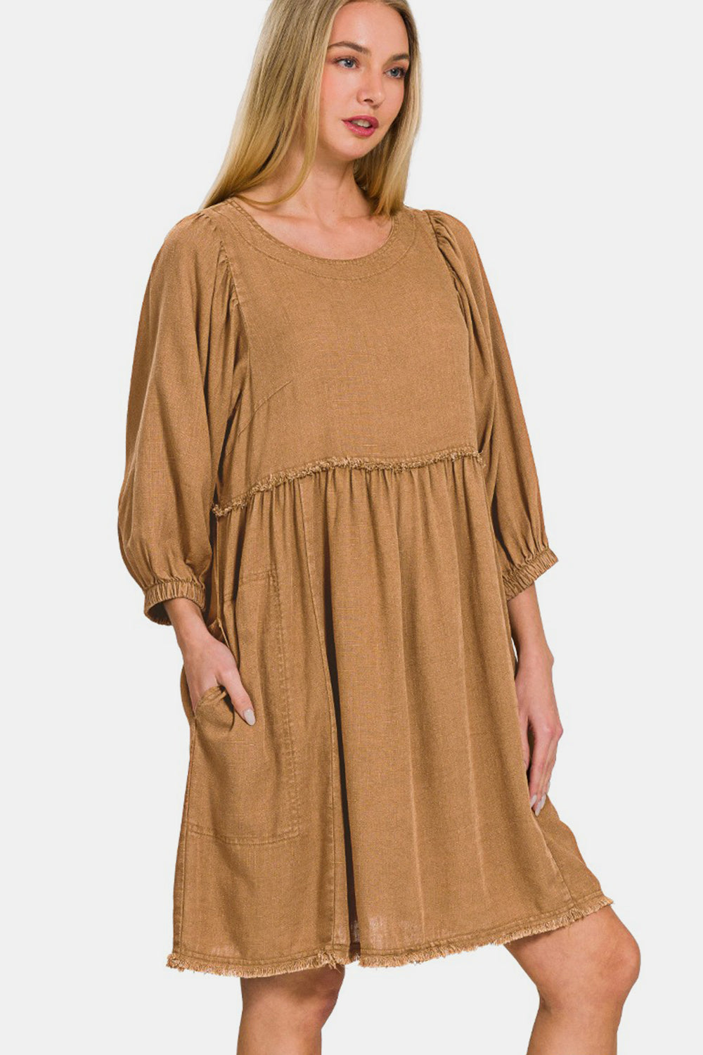 Zenana Washed Linen Pleated Puff Sleeve Babydoll Dress - Sydney So Sweet