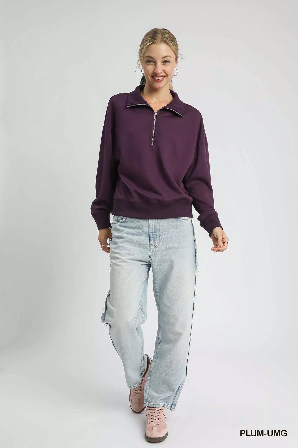 Umgee Half Zip Drop Shoulder Sweatshirt - Sydney So Sweet