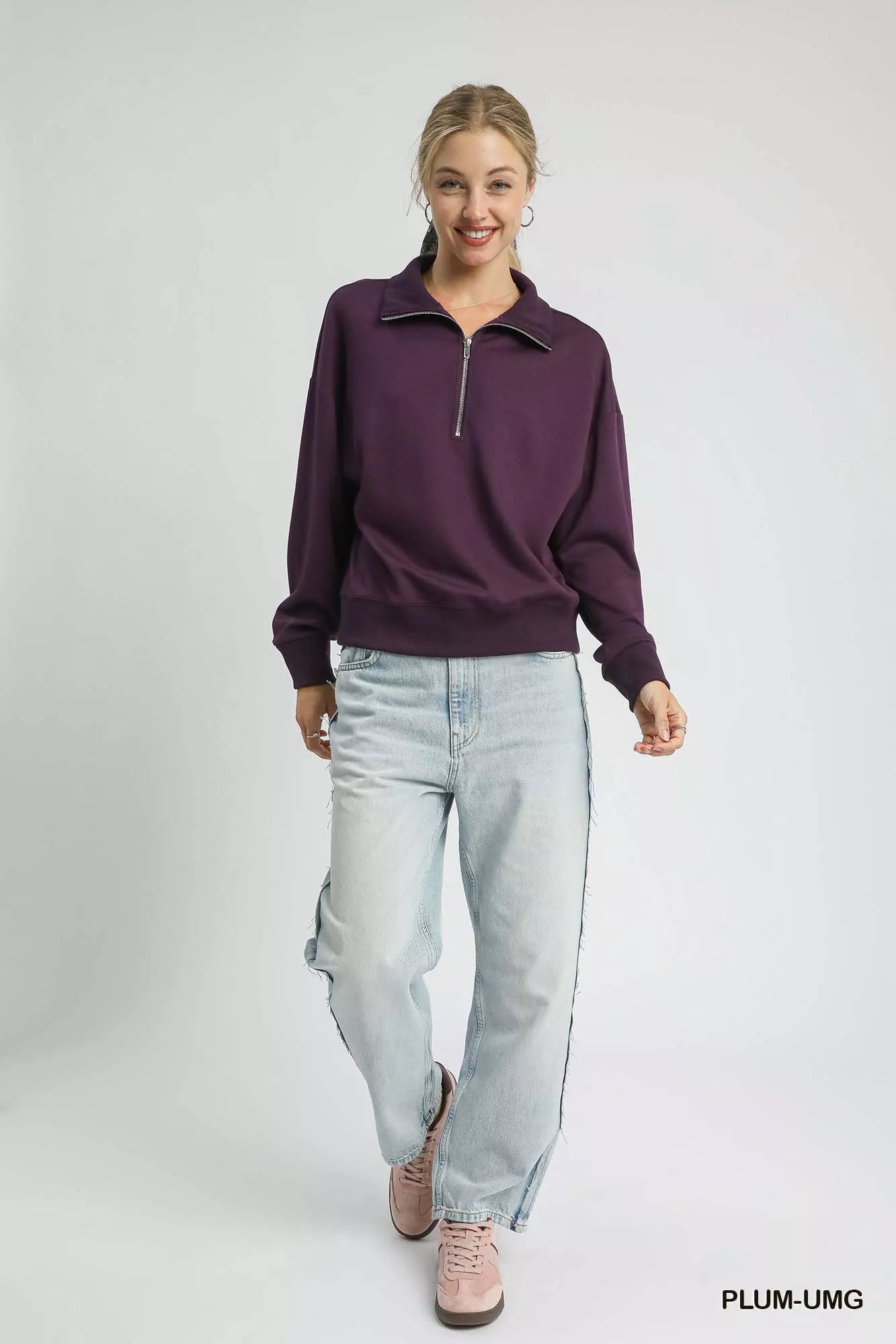 Umgee Half Zip Drop Shoulder Sweatshirt - Sydney So Sweet