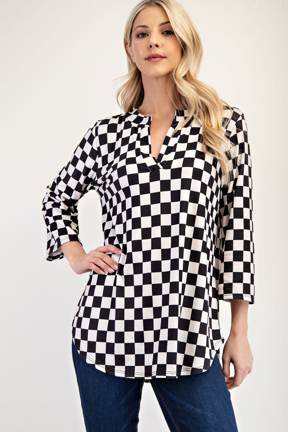 Celeste Full Size Curved Hem Checkered Notched Blouse - Sydney So Sweet