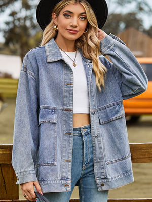 Dropped Shoulder Denim Jacket with Pockets - Sydney So Sweet