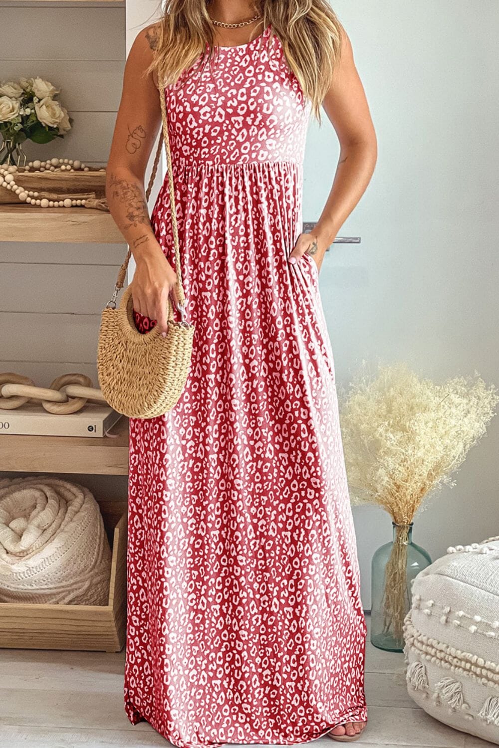 Leopard Round Neck Sleeveless Maxi Dress - Sydney So Sweet