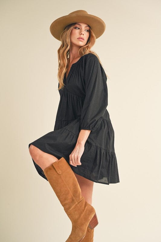 Aemi + Co Notched Balloon Sleeve Tiered Mini Dress - Sydney So Sweet
