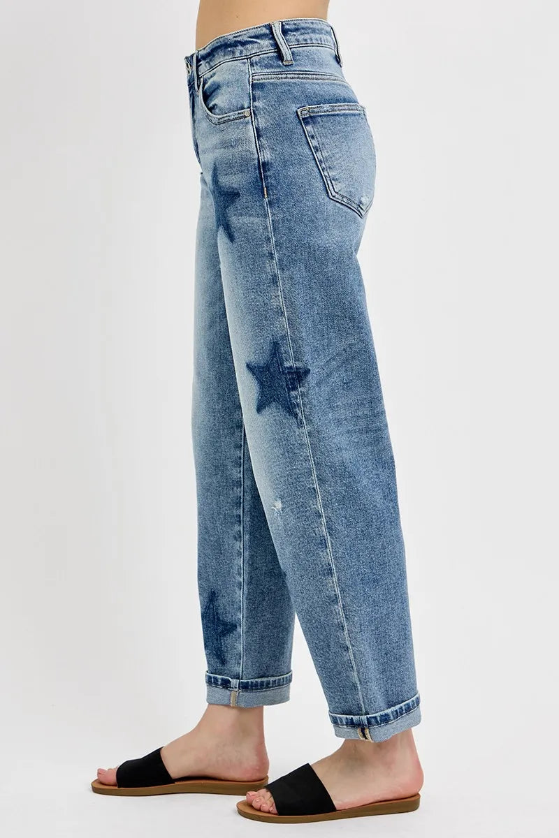 RISEN Full Size Mid Rise Boyfriend Star Shadow Detail Cuffed Jeans Plus Size - Sydney So Sweet