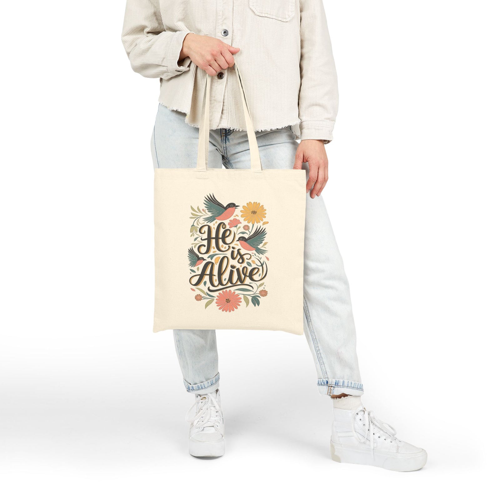 He Is Alive Floral Birds Christian Easter Cotton Canvas Shopper Tote Bag