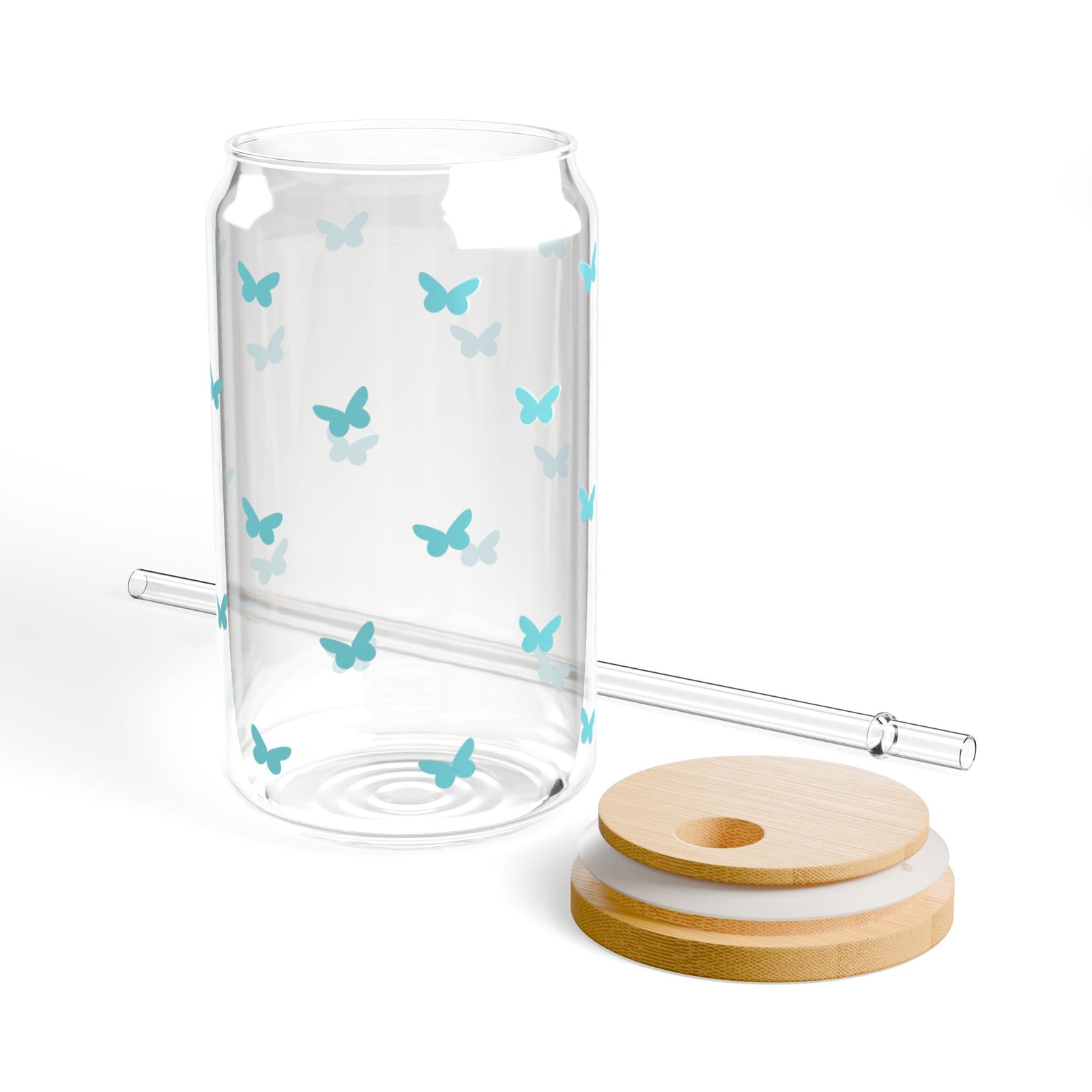 Mini Butterfly Turquoise Blue Sipper Glass 16oz — Reusable Drink Jar with Lid & Straw