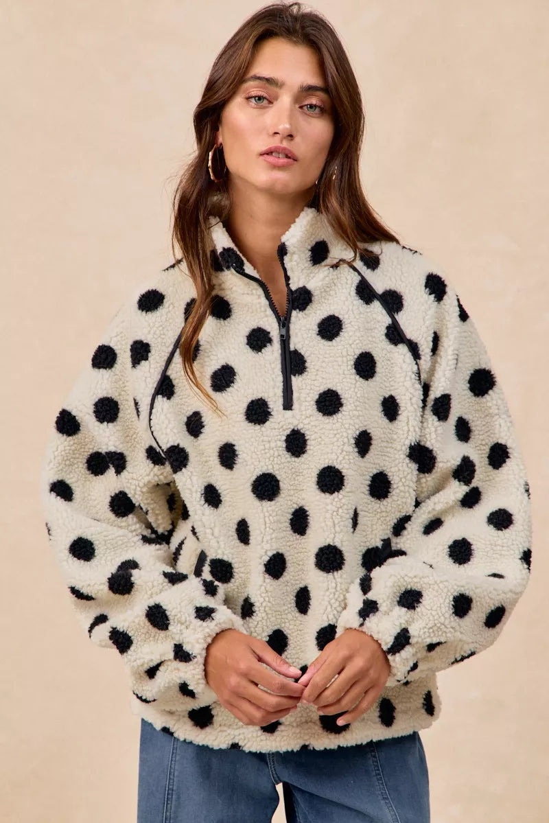 BiBi Polka Dot Sherpa Half Zip Up Top with Side Pocket - Sydney So Sweet