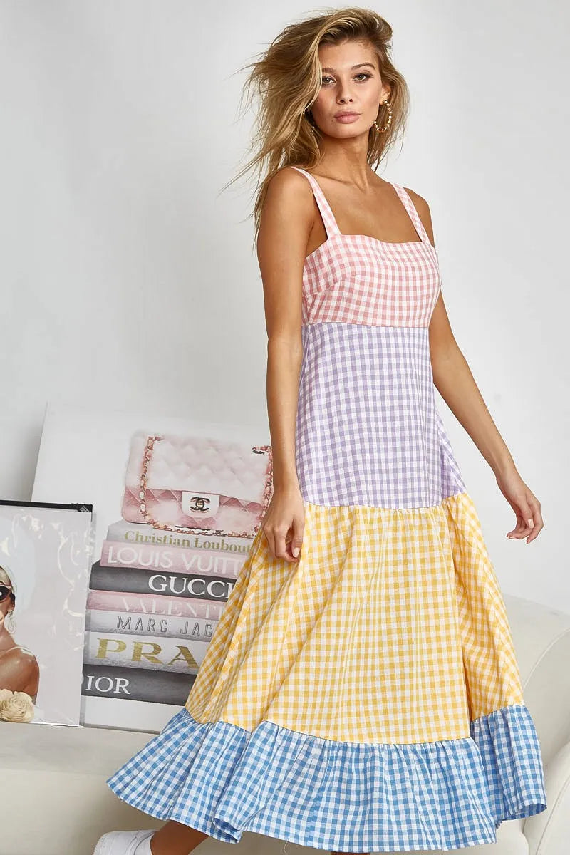 BiBi Color Block Tiered Gingham Dress - Sydney So Sweet