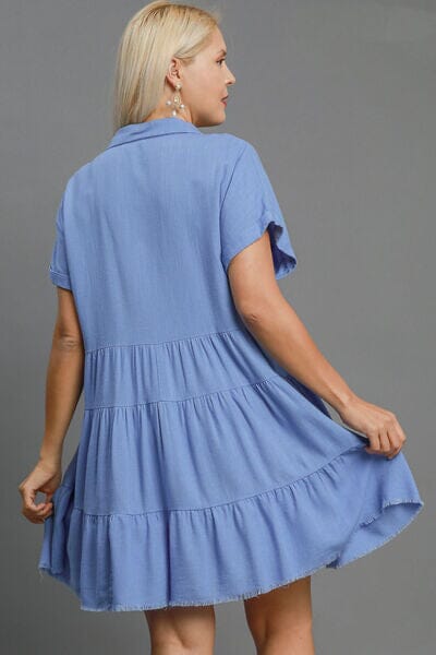 Umgee Full Size Raw Hem Folded Sleeve Tiered Dress Plus Size - Sydney So Sweet