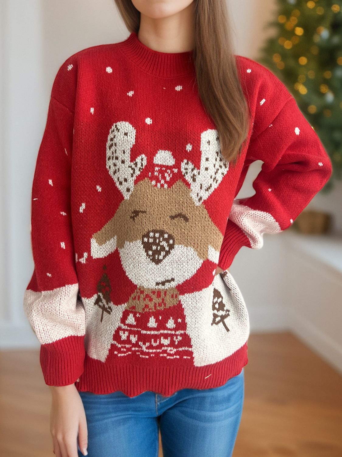 Reindeer Mock Neck Long Sleeve Sweater - Sydney So Sweet