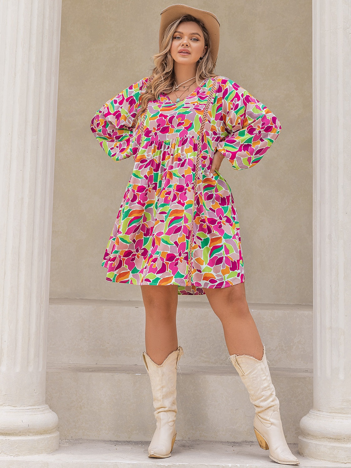 Plus Size Printed V-Neck Balloon Sleeve Mini Dress - Sydney So Sweet