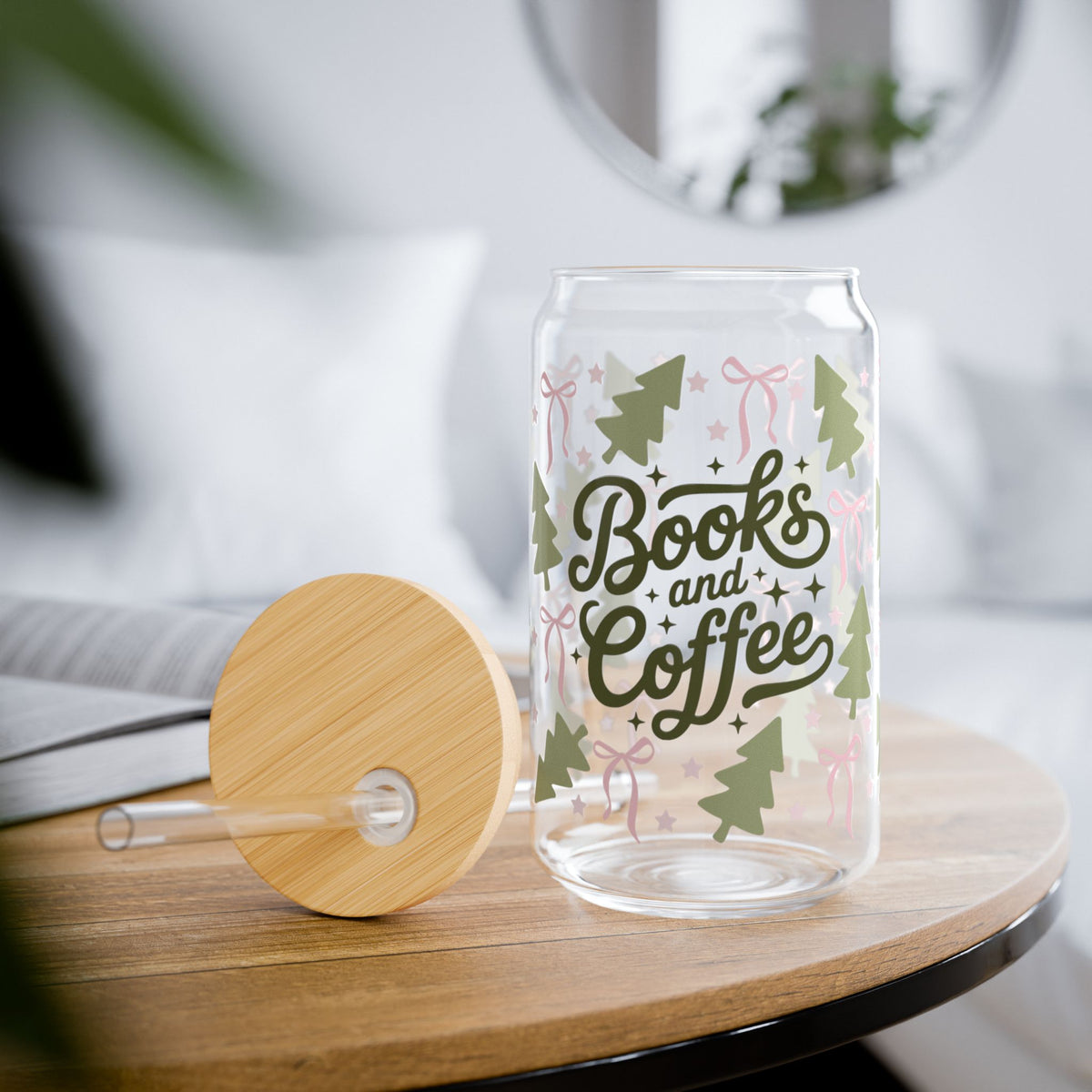 Books & Coffee Coquette Trees Sipper Glass 16oz Reusable Drink Jar with Lid & Straw
