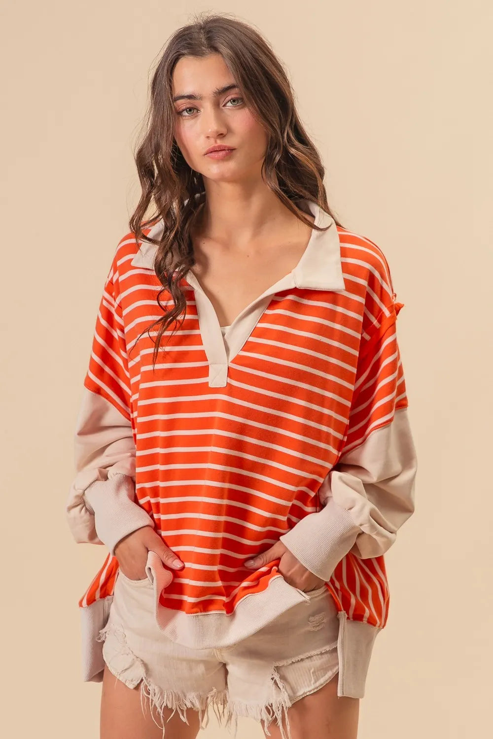 BiBi Stripe Knit Loose Fit Top With Cut Edge Detail - Sydney So Sweet