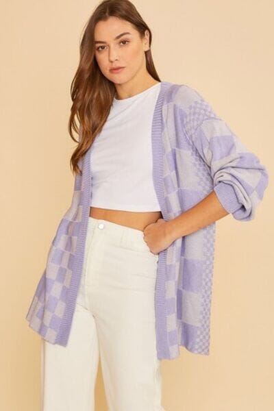 Annie Wear Checkered Open Front Drop Shoulder Cardigan - Sydney So Sweet