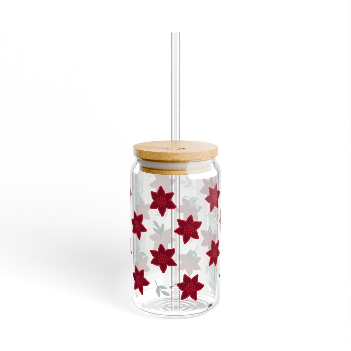 Poinsettia Christmas Flowers Sipper Glass 16oz Reusable Drink Jar with Lid & Straw