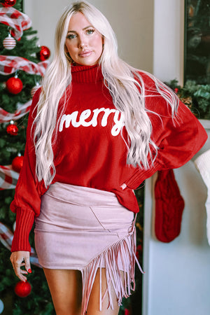 Double Take Full Size Merry Christmas Turtleneck Long Sleeve Sweater - Sydney So Sweet