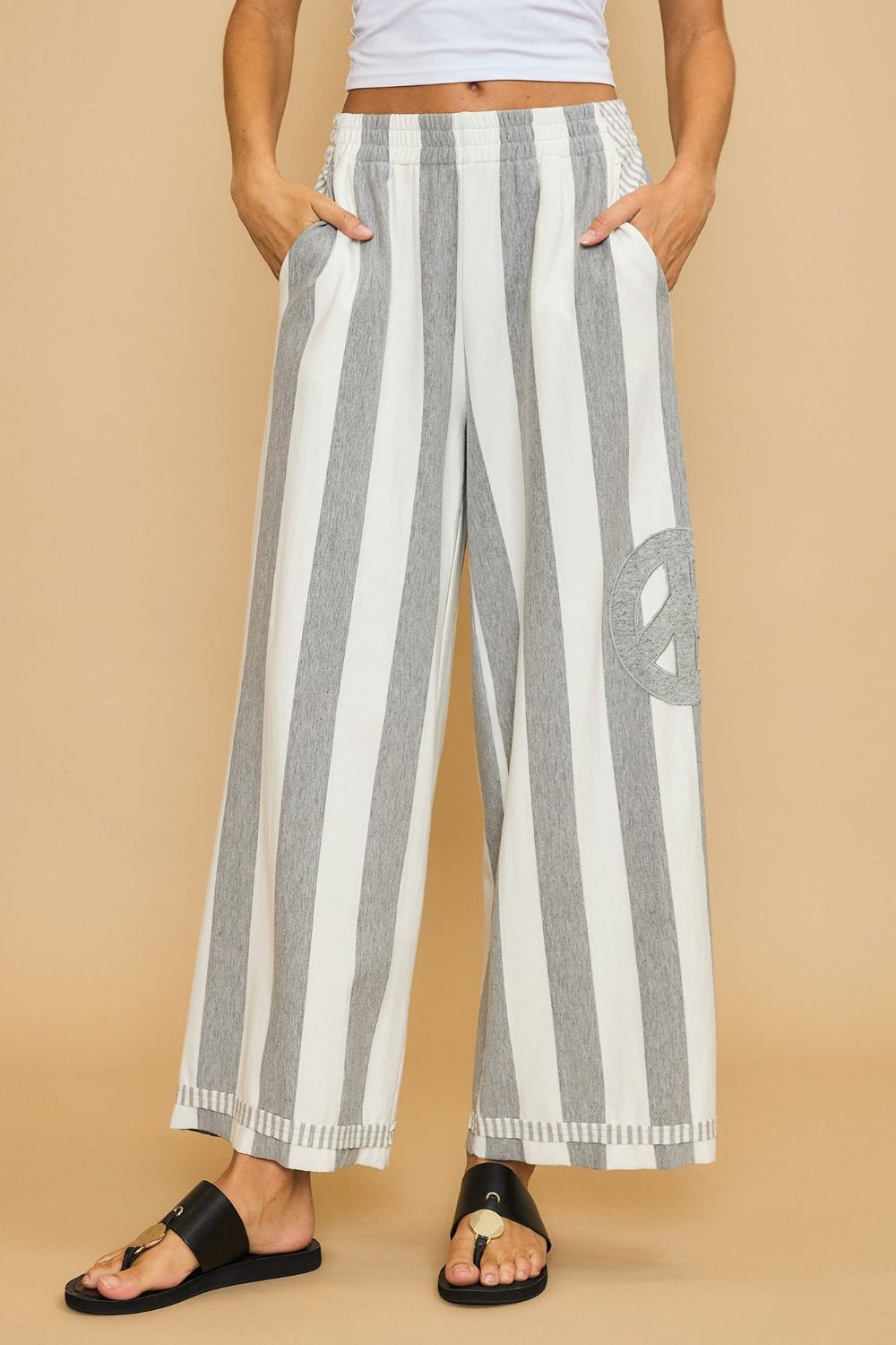 Umgee Peace Sign Patch Striped Wide Leg Pants - Sydney So Sweet