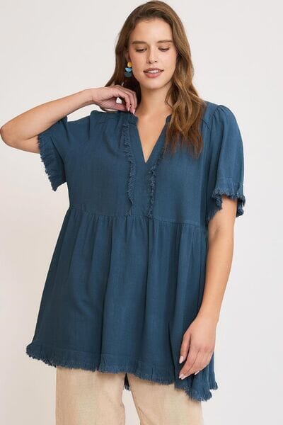 Umgee Full Size Raw Hem Notched Babydoll Linen Blouse Plus Size - Sydney So Sweet