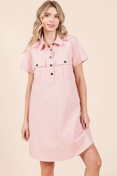 Mittoshop Button Detail Collared Neck Short Sleeve Shirt Dress - Sydney So Sweet