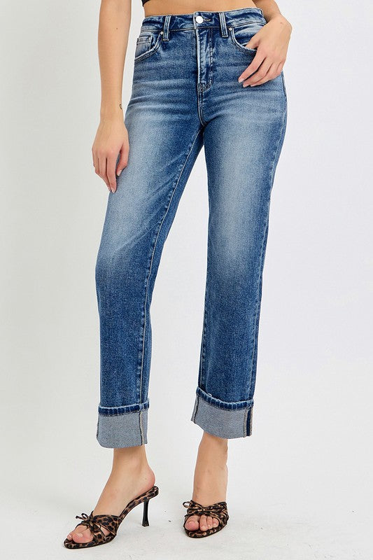 RISEN Full Size High Rise Crop Straight Roll Up Jeans - Sydney So Sweet