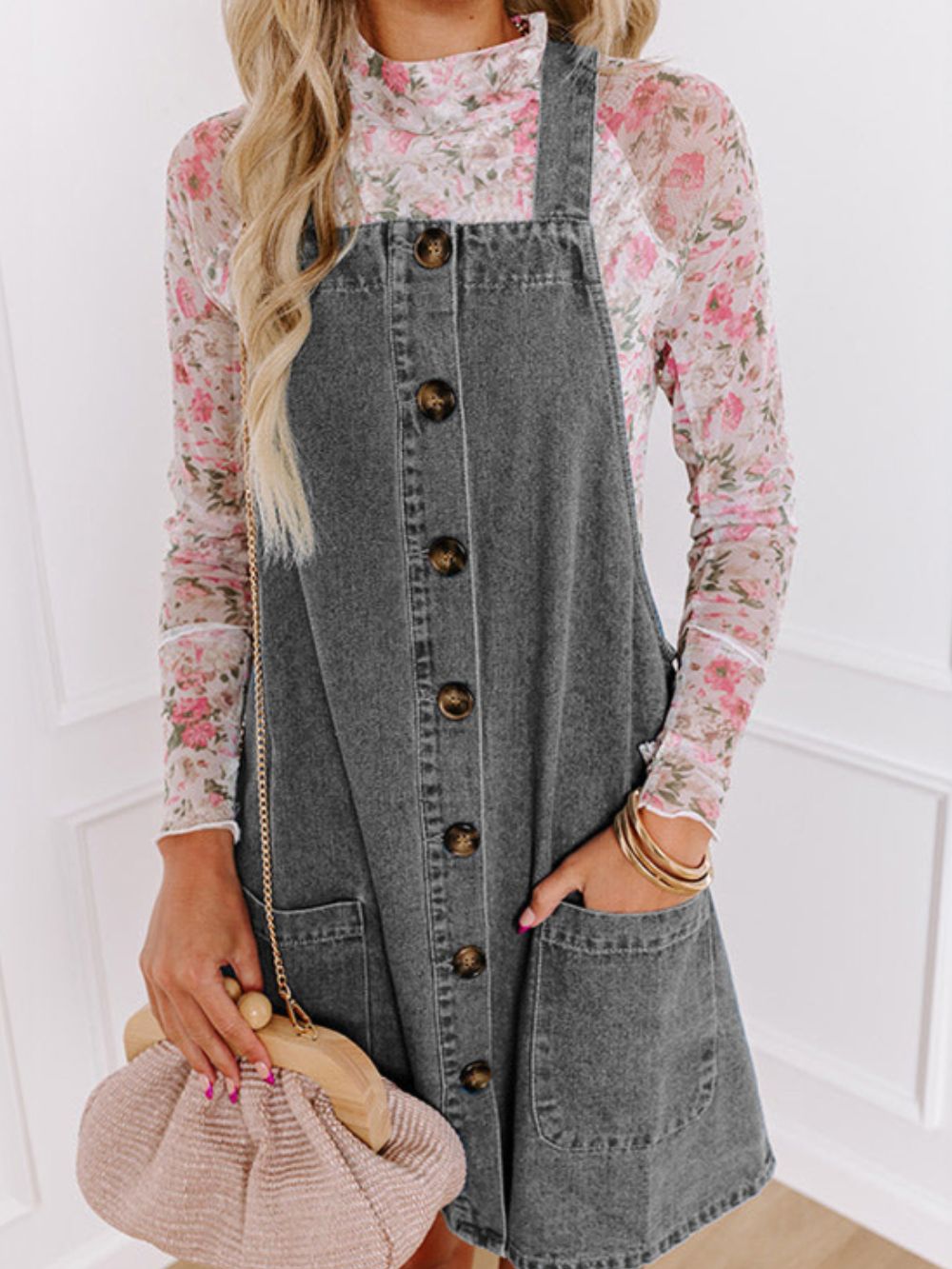 Wide Strap Button Down Denim Overall Dress - Sydney So Sweet