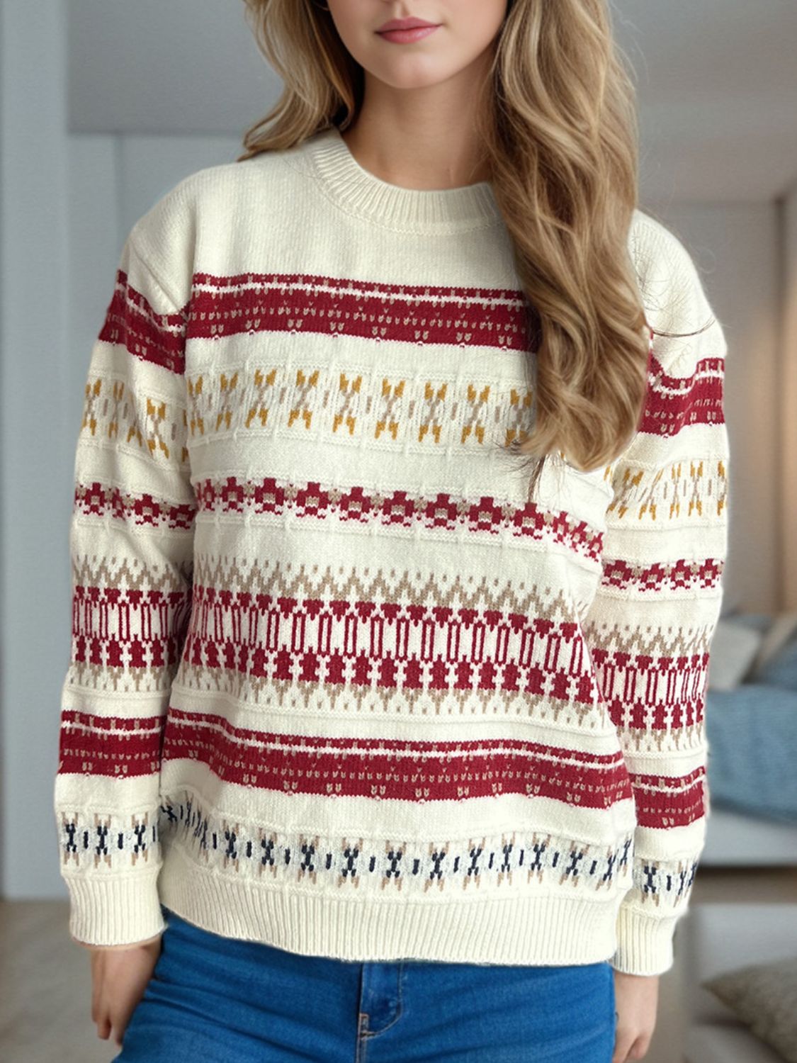 Geometric Round Neck Long Sleeve Sweater - Sydney So Sweet