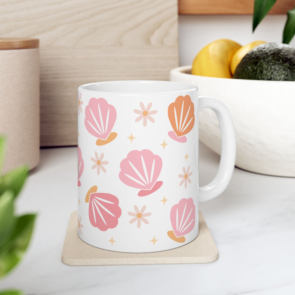 Sea Shell Pattern Ceramic Mug — Pink & Peach Seashell Coffee Cup (11oz/15oz)
